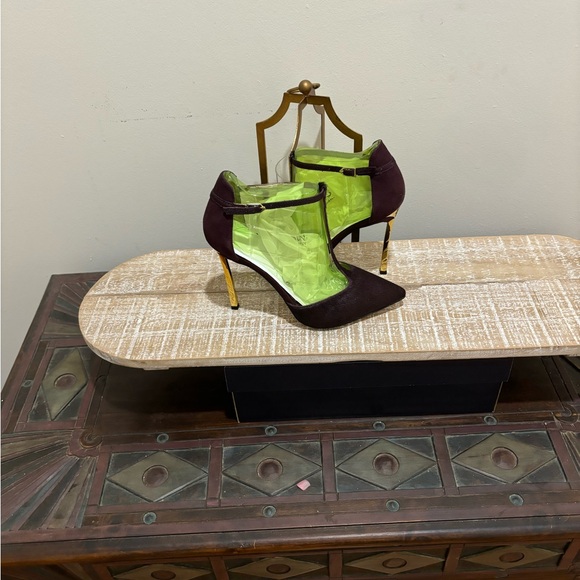 WOMENS SAM EDELMAN SMITHFIELD BURGUNDY T-STRAP CALF HAIR STILETTO HEELS 8** - Picture 2 of 4